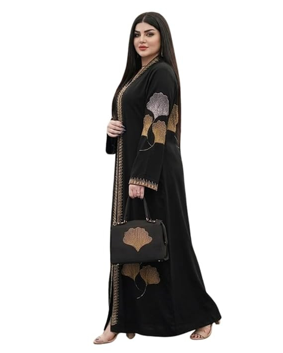 TA Women's Embroidered Abaya – Black Modest Islamic Burqa with Gold Embroidery & Matching Handbag | Free Size