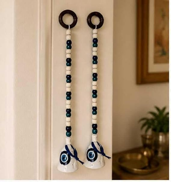 TA Handmade Evil Eye Hanging Ceramic Bells, Set of 2 | Wind chymes, Windchimes, Entry Gates, Home, Wall Decor, Bells for puja, Office, Living Room and Gardens | Nazar Battu | Positive Energy Gift Item
