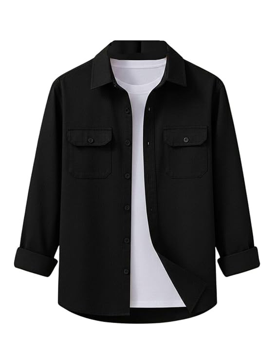 Men's Casual Button-Down Shirt Jacket, Khaki, Long Sleeve, Dual Chest Pockets, Relaxed Fit Shacket