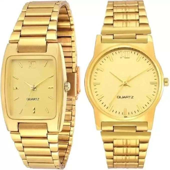 TA   Pack of 2 Couple Golden Coloured Analog Watches for Men and Women