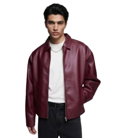 Gigavibe Men's Burgundy Leather Bomber Jacket, Zip-Up, Spread Collar, Casual Style