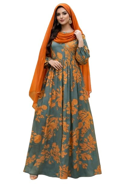 TA Women’s Floral Printed Georgette with Crepe Lining for no Transparency Abaya Modest Islamic Elegant Long Sleeve Muslim Wear abaya