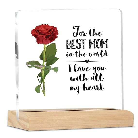 TA Sign Best Mom in The World Quote Plaque With Wood Stand | Mother's Day Gift | Gift for Mom Home Office Desk Decor | (4 X 4 Inches) MP_01