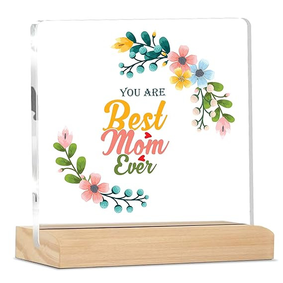 TA Sign Best Mom Ever Quote Plaque With Wood Stand | Mother's Day Gift | Gift for Mom Home Office Desk Decor | (4 X 4 Inches) MP_04