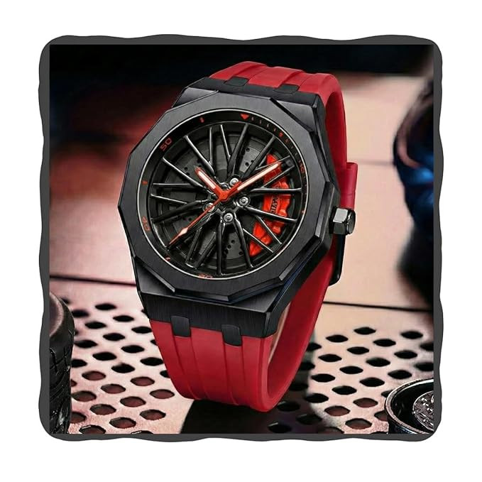 TA Men’s Sports Analog Watch with Wheel Design Dial | Metal Case | Silicone Strap | Stylish Casual Watch for Men