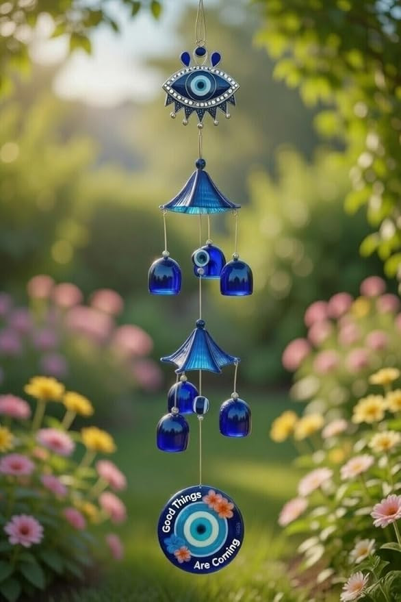 TA 5 Bell Double Evil Eye Metal Wind Chimes Hanging for Home Decor | Vastu Feng Shui Positive Energy Decorative Hanging | Good Luck & Protection Door, Balcony, Garden Decoration Item