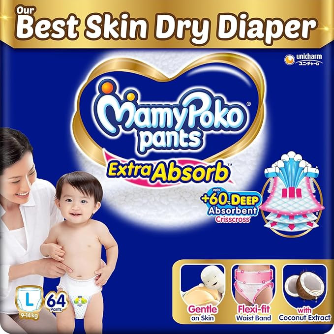TA MamyPoko Pants Extra Absorb Baby Diapers, Large (L size) | 9-14 kg | 64 Count |Deep Sleep Diapers| Soft gentle fit |Deep Absorbent Crisscross | skin friendly with coconut oil |