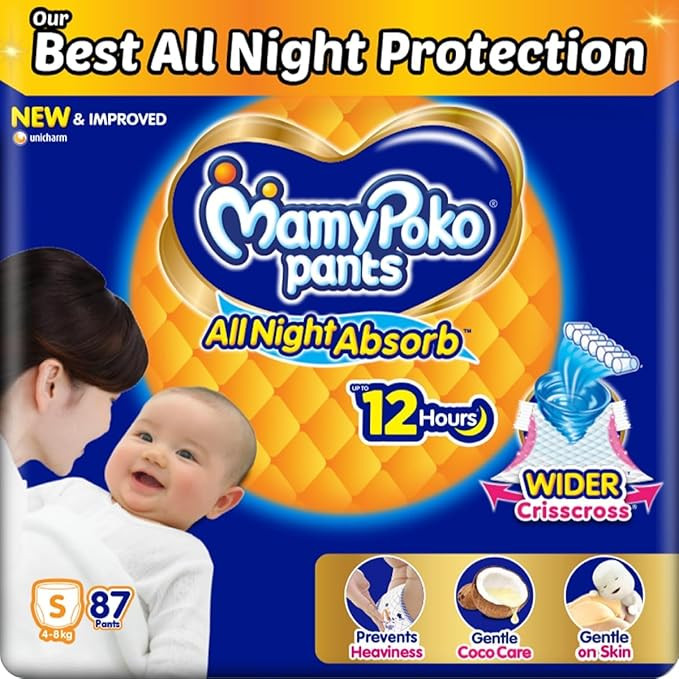 TA Mamypoko pants All night absorb| Pant Style Baby Diapers Small Size(S), 87 Count, Ideal for 4-8Kgs|1 Diaper= Upto All night Absorption|Wider Crisscross Sheet|Gentle Coco Care| 12hr Leakage Protection| Prevents Heaviness.