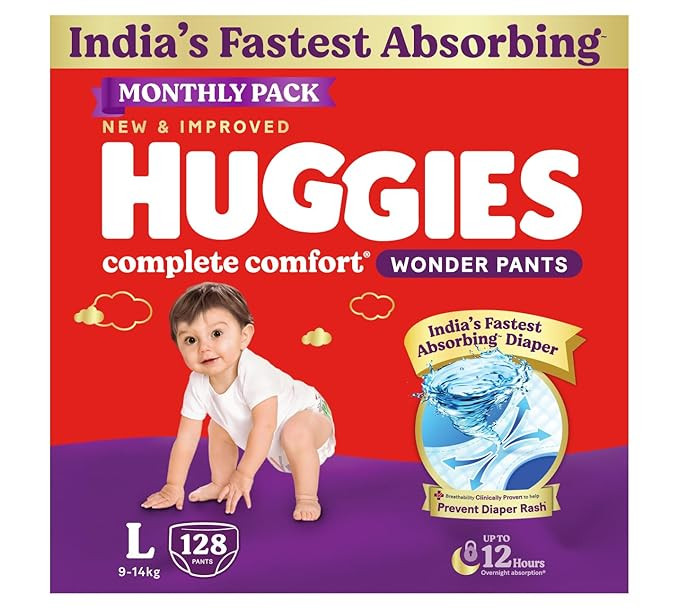 TA Huggies Complete Comfort Wonder Pants | Pant Style Baby Diapers Large Size (L), 128 Count | India's Fastest Absorbing Diaper, Patented Dry Xpert Channel, Ideal for 9 to 14 Kgs (64 Count, Pack of 2)