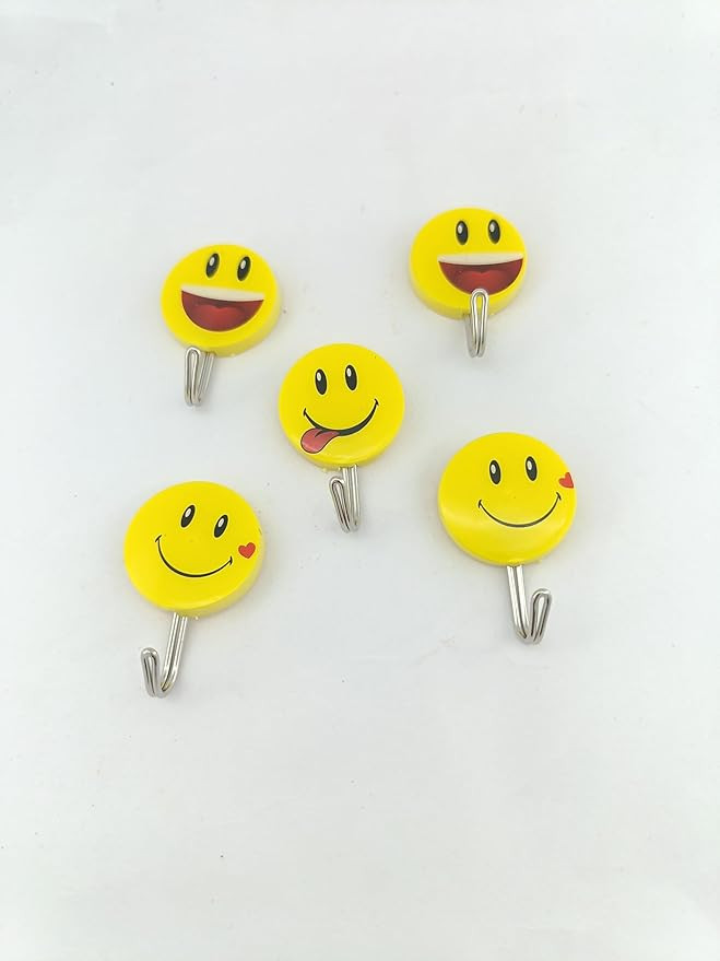 TA  Plastic Self-Adhesive Smiley Face Hooks Cute Smiley Emoji Face Wall Sticky Hooks (Set of 5pcs)-1kg Load Capacity