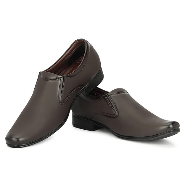 TA Men's Brown Slip-On Formal Shoes, Pointed Toe, Leather Upper, Block Heel