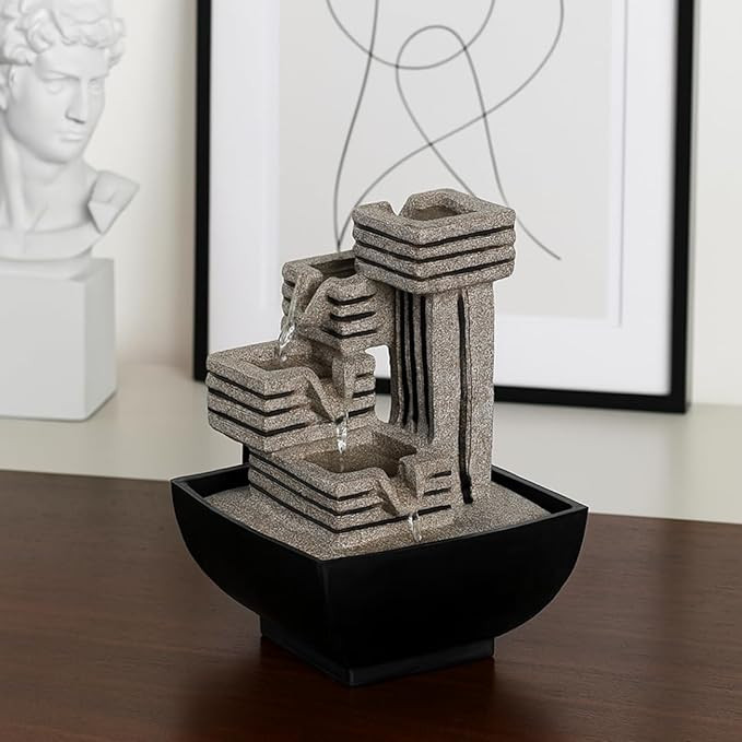 TA  Urban Stratum Fountain, Modern Stone-Look Tabletop Water Feature with Tiered Cascading Flow & Warm LED Ambient Light for Desk, Home & Office Decor