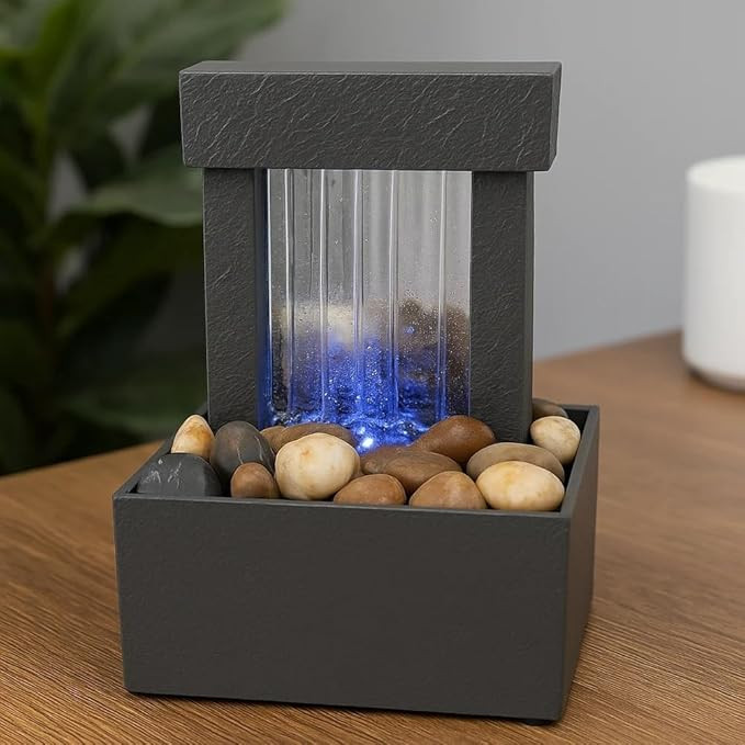 TA Indoor Desktop Water Fountain with LED Light | Natural River Rocks | Tabletop Decorative Waterfall Showpiece for Home & Office | Calming Zen Fountain with Pebbles 7 Inch, Black