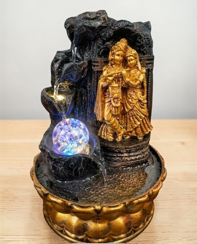 TA Ani Divine LED Radha Krishna Water Fountain with Crystal Ball || Indoor Cascading Waterfall Showpiece for Living Room, Home Temple, Office Decor