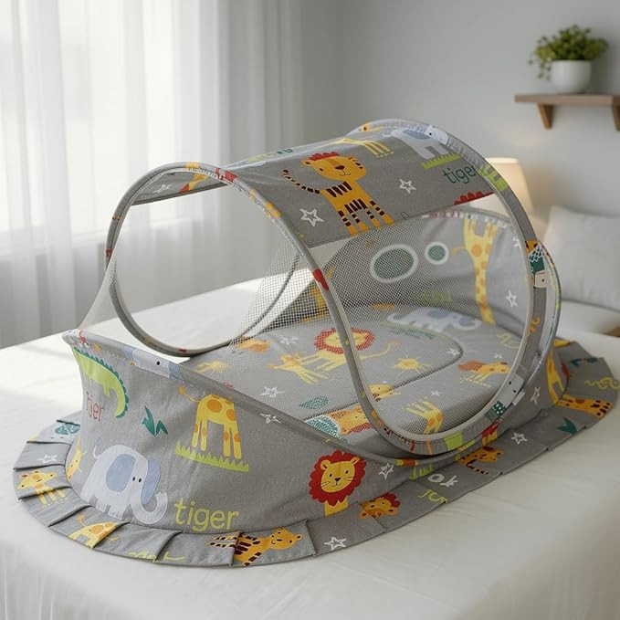 TA Baby Mosquito net for Baby 0-12 Months with Mattress for Infants, Toddlers Safe Baby Bedding, Breathable mesh-Mosquito Net for Baby's Peaceful Sleep - Animal Print