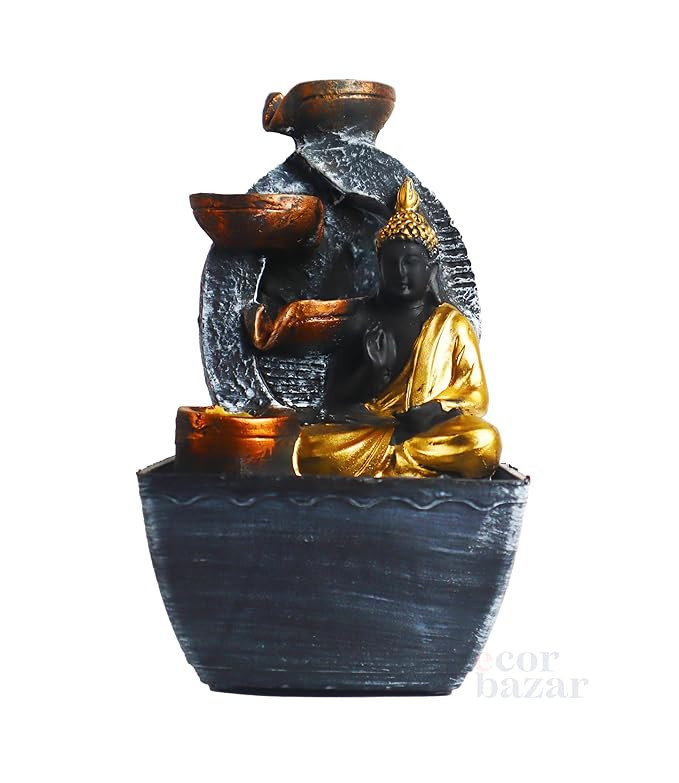 TA Table Top Indoor Outdoor Water Fountain of Gautam Buddha with Led Lights for Living Room, Table Decor, Bedroom, Office/Home Decoration Multicolour, Resin (Style 1)
