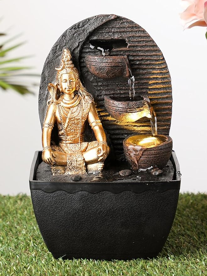 TA Lord Shiva Water Fountain for Home and Office - Golden-Brown led Light Table Fountain for Living Room or Gifting Purpose