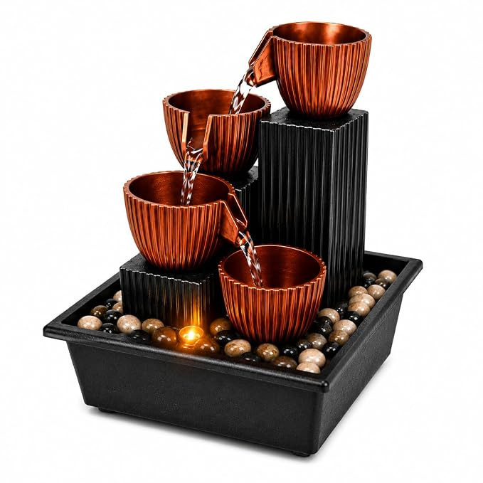 TA Premium Tabletop Water Fountain with LED Light | 3-Tier Indoor Waterfall Fountain with Natural Pebbles | USB Powered | Relaxing Water Flow, Compact Tabletop Fountain for Home,Office & Bedroom