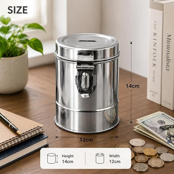 TA Stainless Steel Piggy Bank, Silver, Cylindrical Coin Box with Lock Option, 14cm x 10cm Pack of 1 (6 Month Warranty)