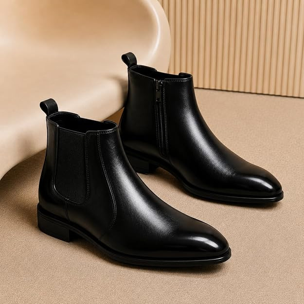 TA Black Chelsea Boots for Men | Premium Leather Finish Ankle Boots with Side Zip & Elastic | Men's Formal Shoes, Casual Boots, Office Wear Stylish High Ankle Boot Shoes
