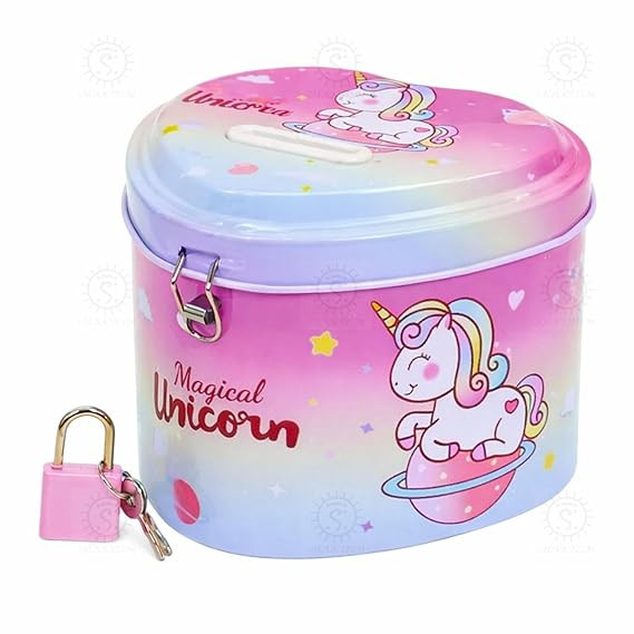 TA Metal Piggy Bank for Kids with Lock & Key Cartoon Coin Saving Money Box for Boys & Girls | Mini Safe Cash Storage Gift for Children 1Pc (Unicorn)
