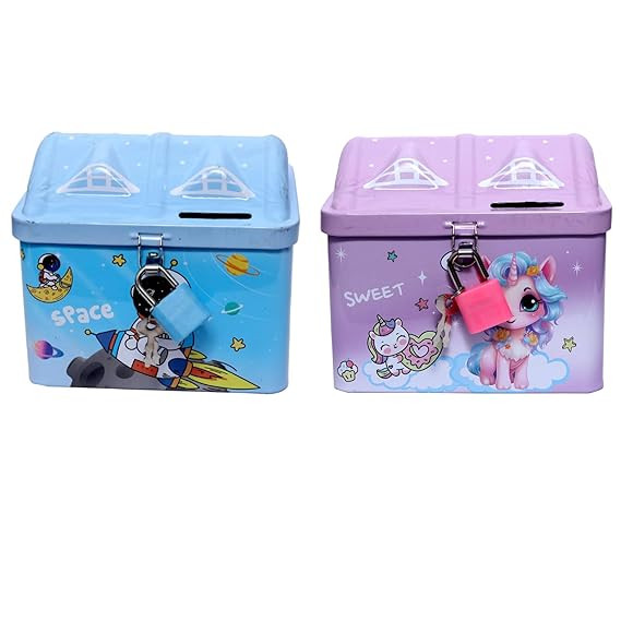 TA Money Bank for Kids Piggy Bank Iron Metal Body Money Bank Saving Bank for Kids Girls Boys with Lock and Key for Boys & Girls Return Gift - Pink and Sky Blue