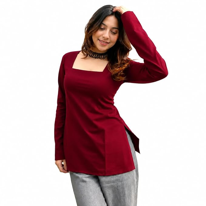 TA Women’s Square Neck Long Sleeve Kurti Top | Stylish Side Slit Tunic for Casual Available in Black & Maroon