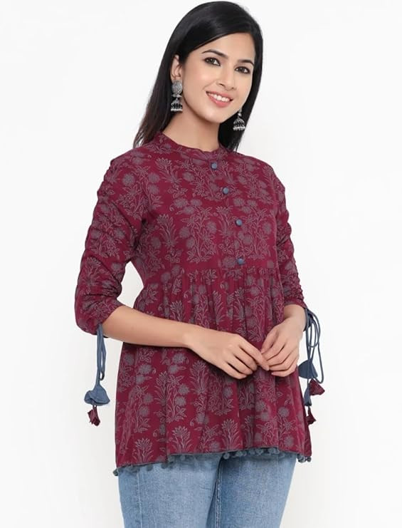 TA Women's Cotton Printed Tunic Top, Floral Pattern, Button Front with Tassel Tie Sleeves