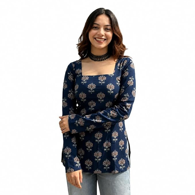 TA Women Printed Square Neck Top | Stylish Full Sleeve Casual Tunic Top for Women & Girls | Trendy Regular Fit Top