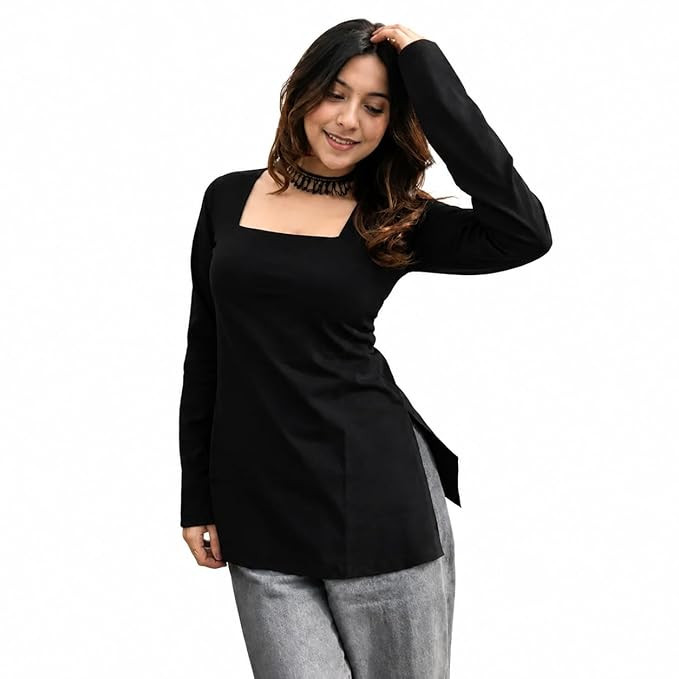 TA Women’s Square Neck Long Sleeve Kurti Top | Stylish Side Slit Tunic for Casual Available in Black & Maroon