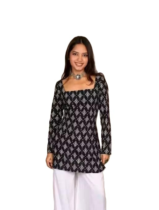 TA Women's Black Floral Print Tunic Top, Long Sleeve, Square Neck, Ethnic Style