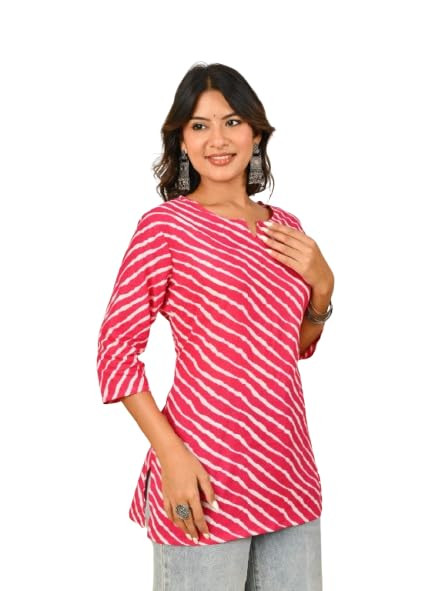 TA Women's Green Leheriya Printed Cotton Short Kurti | Casual Straight Kurta for Women | 3/4 Sleeve Round Neck Office Wear Tunic Top.
