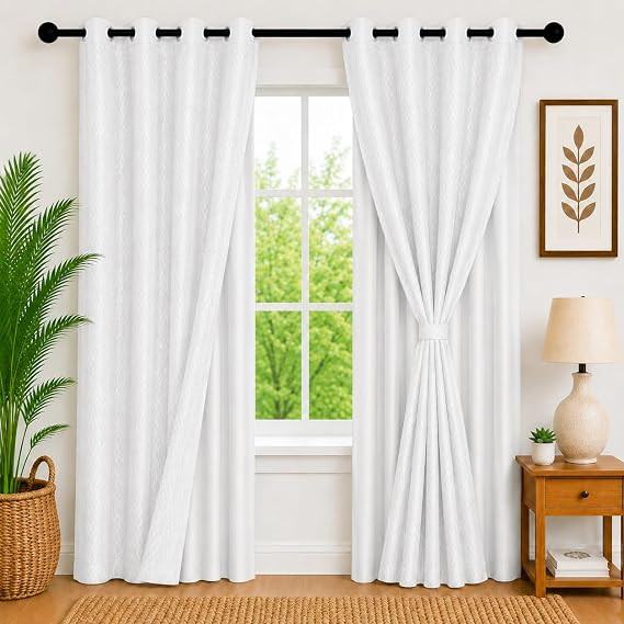 TA Door Curtains 7 Feet Long Set of 2 -Dual-Layer Desing| 100% Room Darkening |Curtains for Living Room and Bedroom | 210cmx115cm, Color- (White, 7 Feet Pack of 2)