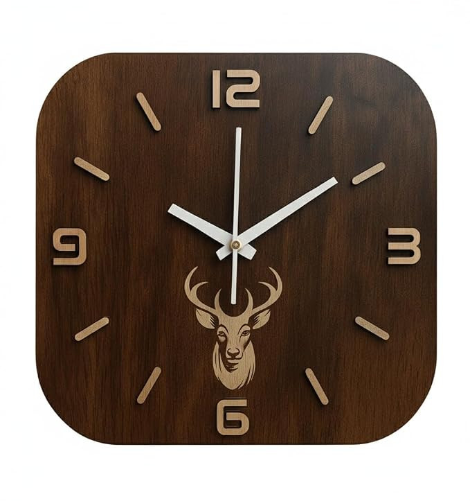 TA Modern Wall Clock 10 Inch | Matt Finish Decorative Smooth Sound Ticking Quartz Wall Clock with Embossed Acrylic Numbers | Laser Cut Designer Clock for Living Room (Deer)