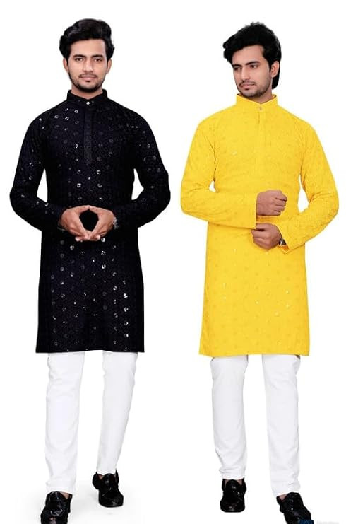 TA  Mens Rayon Lakhnavi Chikankari Sequin Embroidered Straight Kurta with Pajama | Traditional Festive & Wedding Kurta Pajama Set
