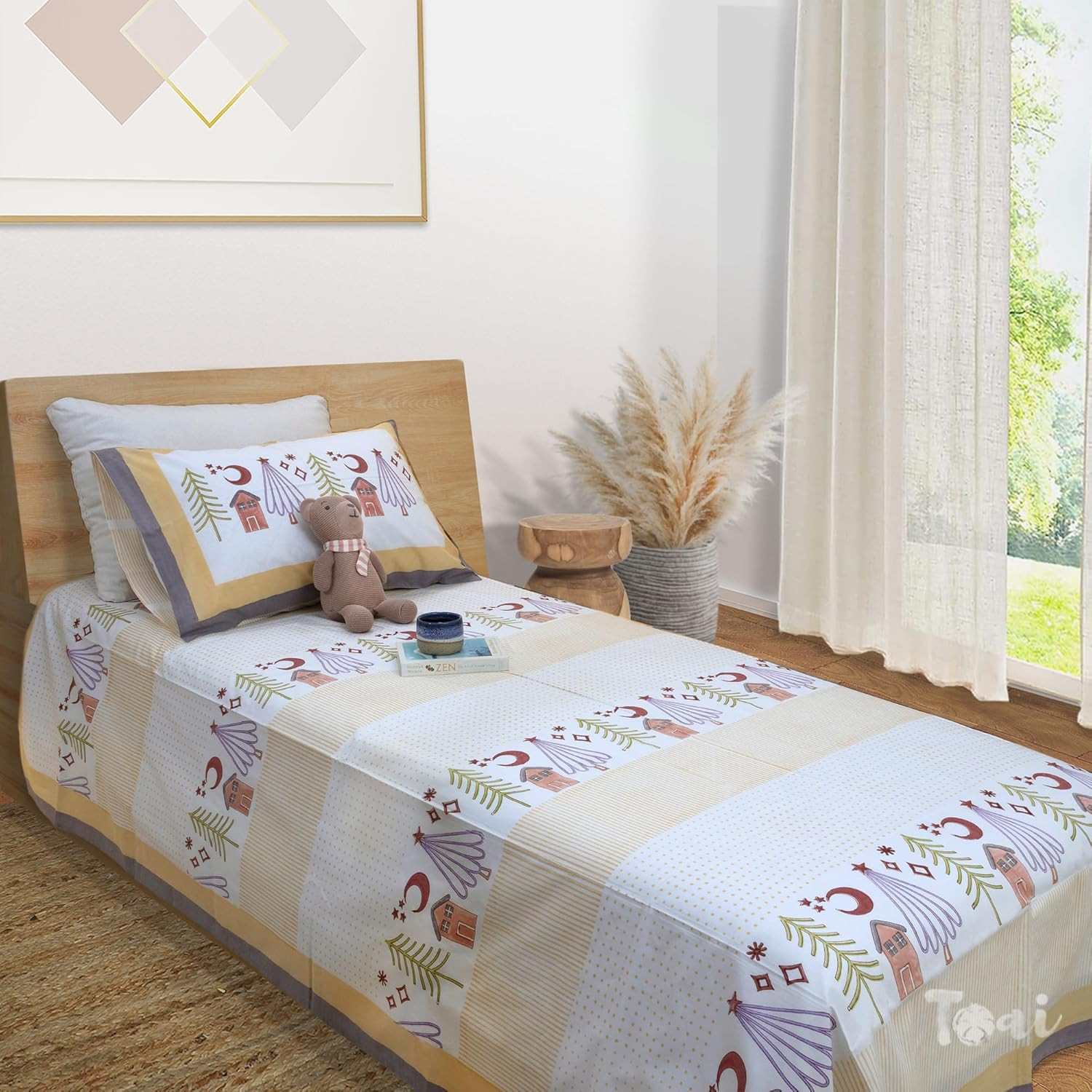 TA TOAI Hand Block Printed Jaipuri Bedsheet |Flatsheet Bedspread | Pure Cotton | Single Bed Size 60"x90" | 300 TC Bed Sheet | Includes 1 Pillow Cover |Yellow Polka Homes