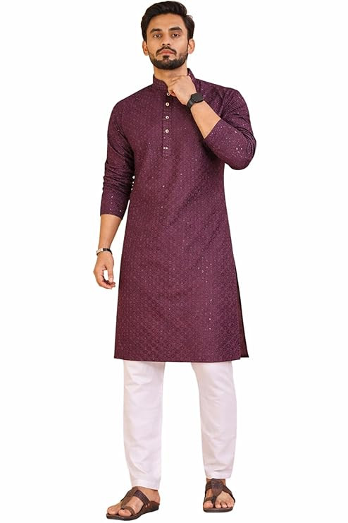 TA   Men’s Lakhnawi Chikankari Kurta Set Cotton Ethnic Kurta Pajama for Men Wedding Festive Designer Indian Outfit Stylish Embroidered Kurta Set