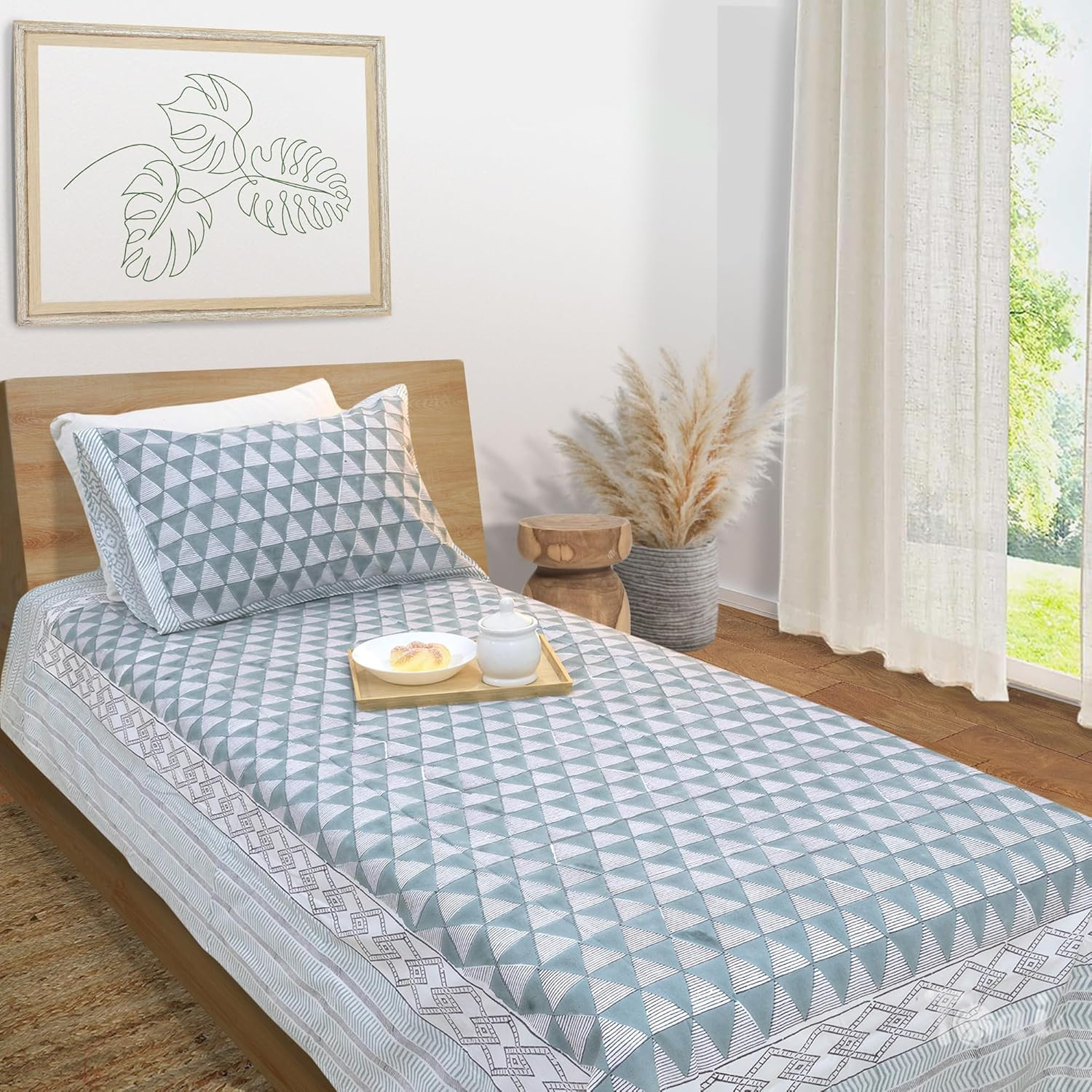 TA TOAI Hand Block Printed Bedsheet | Bed Spread Flatsheet Bed Sheet | Pure Cotton | Single Bed Size 60"x90" | 300 TC Long Staple Cotton | 1 Reversible Pillow Cover |Green Line Pattern