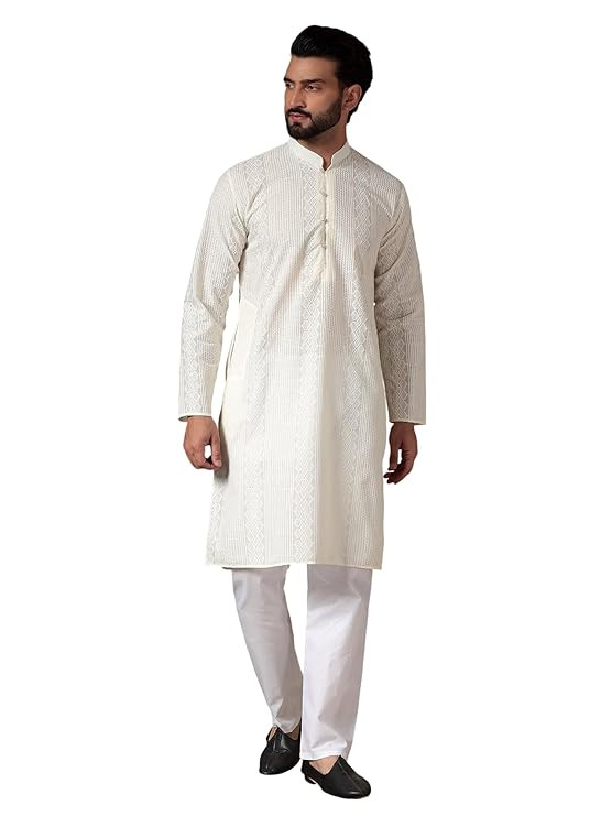 TA  Men's Solid Regular Fit Ethnic Wear White Kurta Pajama Set with Front Pocket