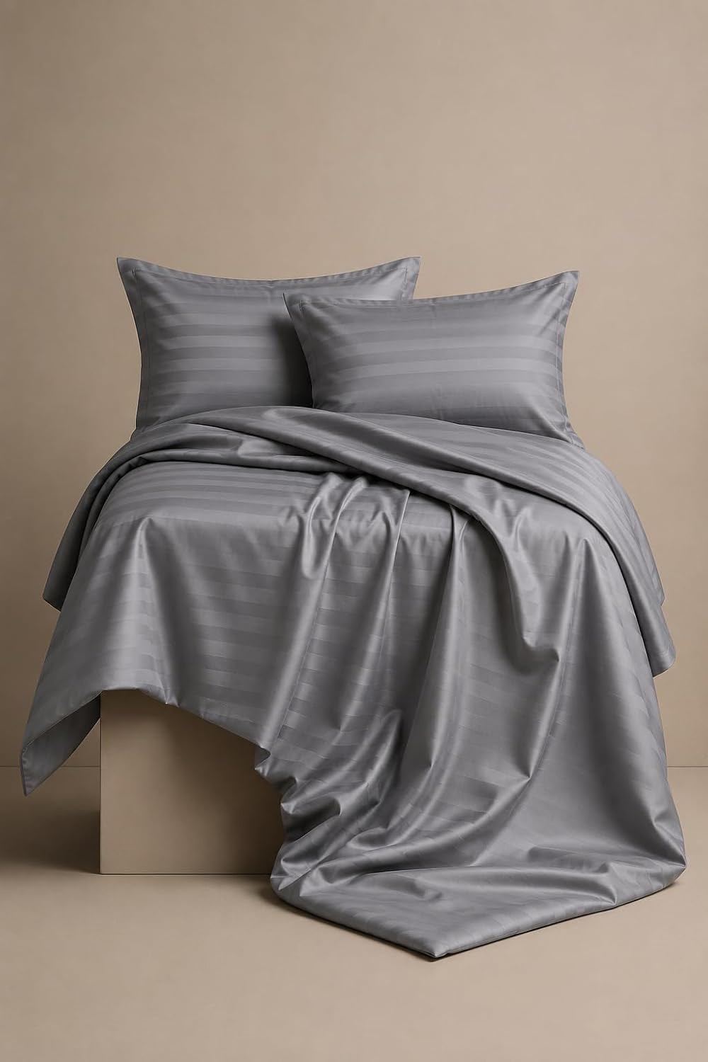 TA (Set of 1) Gray King Size Bedsheet 108x108 Inches with 2 Pillow Covers, White Striped Cotton Double Bed Flat Sheet, Soft Durable Easy Care AllSeason Bedding for Home, Hotel.