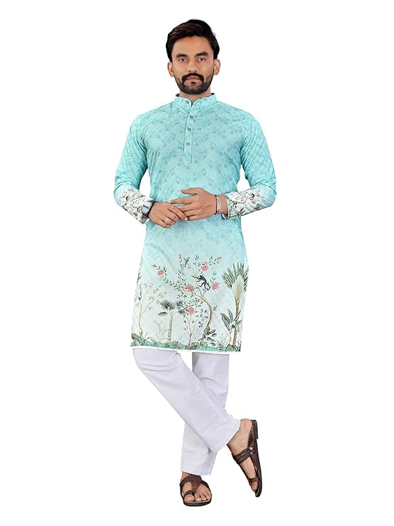 TA  Men's Rayon Kurta with Full Sleeves Mandarin Collar Neck Regular Fit Floral Pattern and Knee Length | Dhoti Kurta Set for Men Cotton | Kurta Pajama Set for Men Cotton Wedding