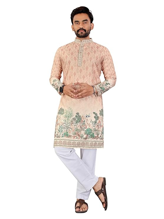 TA  Men's Rayon Kurta with Full Sleeves Mandarin Collar Neck Regular Fit Floral Pattern and Knee Length | Dhoti Kurta Set for Men Cotton | Kurta Pajama Set for Men Cotton Wedding