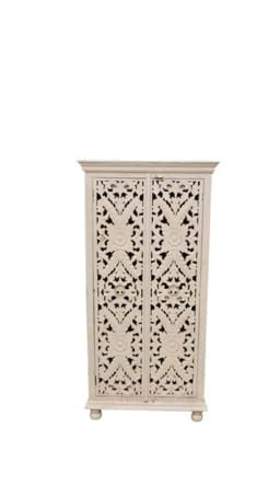 TA Noziya Furniture Handcrafted Solid Wood Carved Wardrobe Cabinet with Double Doors Storage Armoire for Bedroom Living Room Hallway White Distressed Finish 180 x 90 x 40 cm