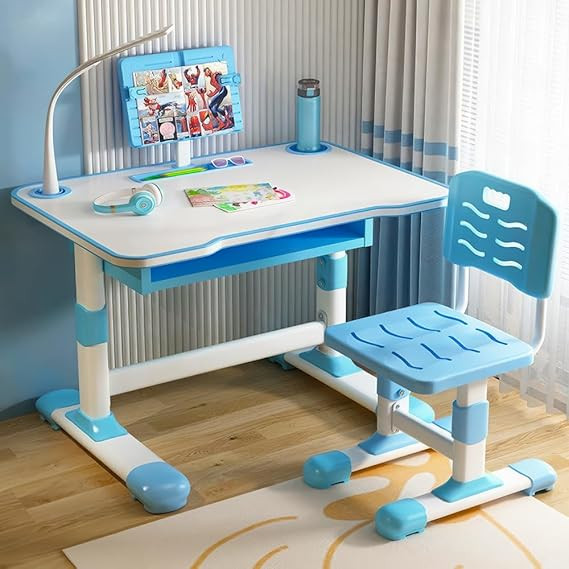 TA Kids Functional Desk Chair Set 3-12years Boys Girls/Kids Study Table with Height Adjustable/Study Table with Bookholder, LED Lamp, Storage Box (K80-Blue)