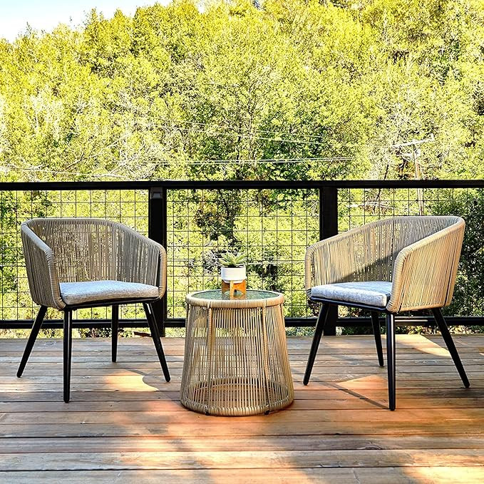 Patio Furniture Set 3-Piece Outdoor Conversation Set Handwoven Rattan Wicker Chair with Waterproof Cushion, Tempered Glass Top for Backyard Garden & Deck