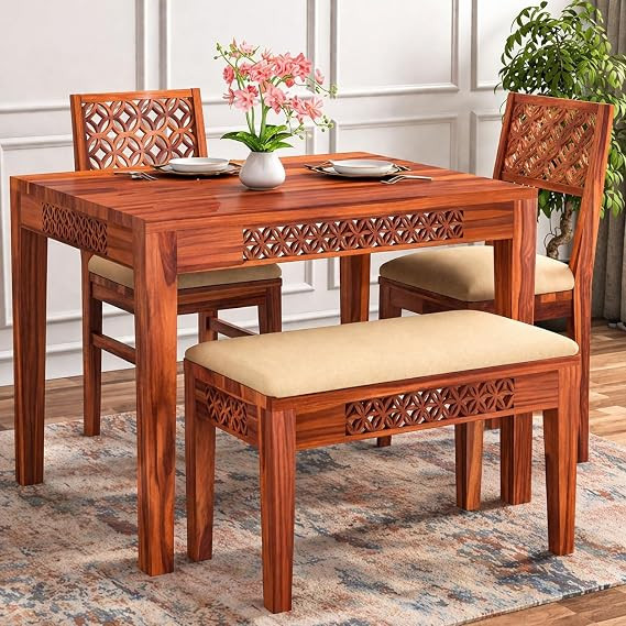 TA Wood 4 Seater Dining Table Set | 1 Dining Table, 2 Chairs & 1 Bench | Wooden Dining Table Set for Home, Dining Room & Kitchen | Walnut Finish