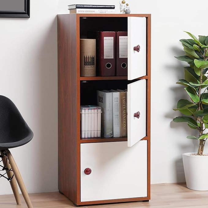 TA Wooden Cabinet - 3 Tier Engineered Wood Storage Cabinet for Living Room with Magnetic Door, Space Saving Furniture for Home, Kitchen (Oak Red - L 38 x B 38.5 x H 100.5 cm)