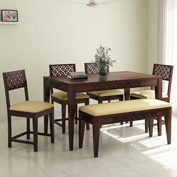 TA Furniture  Wood CNC Cuting Dining Table with 4 Chairs with 1 Bench | 6 Seater Dining Set- Dining Room Furniture | Walnut Finish with Cream Cushion | 1 Year Warranty |
