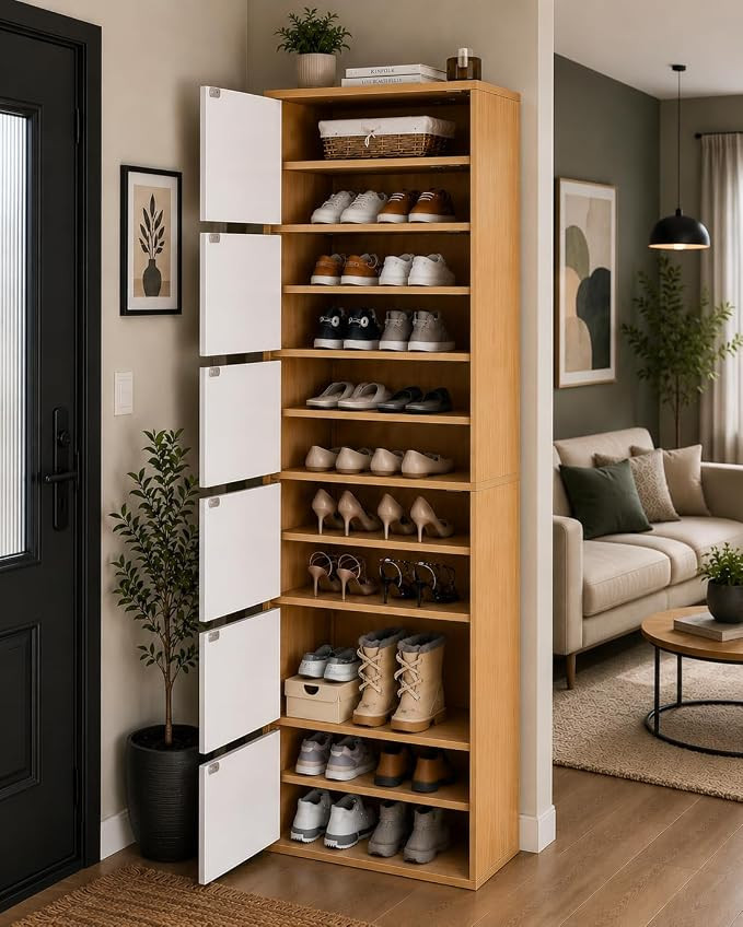 TA Modern Tall Shoe Cabinet, Wooden Flip Door Shoe Storage Cabinet, 6-Door Narrow Entryway Shoe Organizer with Multi-Tier Shelves, Space Saving Shoe Rack for Hallway, Apartment & Home - Maple