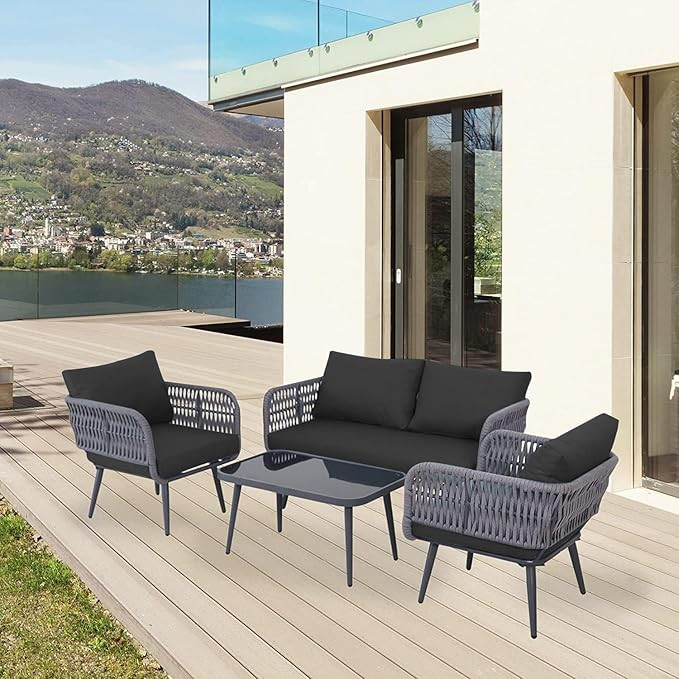 TA Set 4-Piece Waterproof Weaving Rope Outdoor Sofa Set with Powder-Coated Iron Conversation Bistro Set for Balcony, Lawn,Garden,Couch, Backyard (Grey & Black)